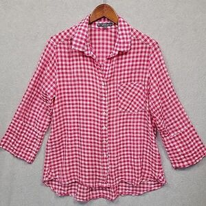 Elliott Lauren Women Sz 12 Pink and White Checked Shirt Button Up Blouse Top USA